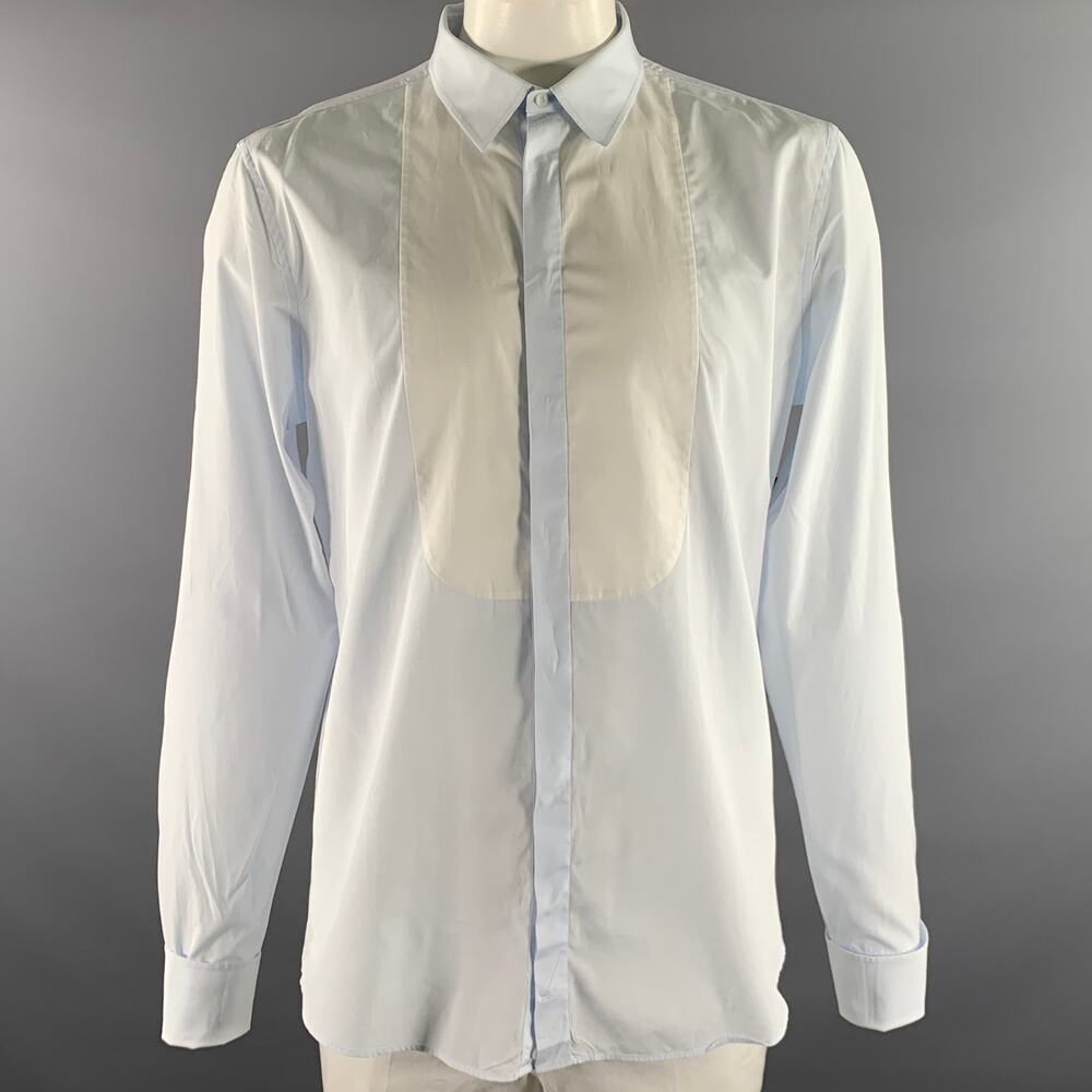 GUCCI Size XL Blue White Solid Cotton Tuxedo Long Sleeve Shirt